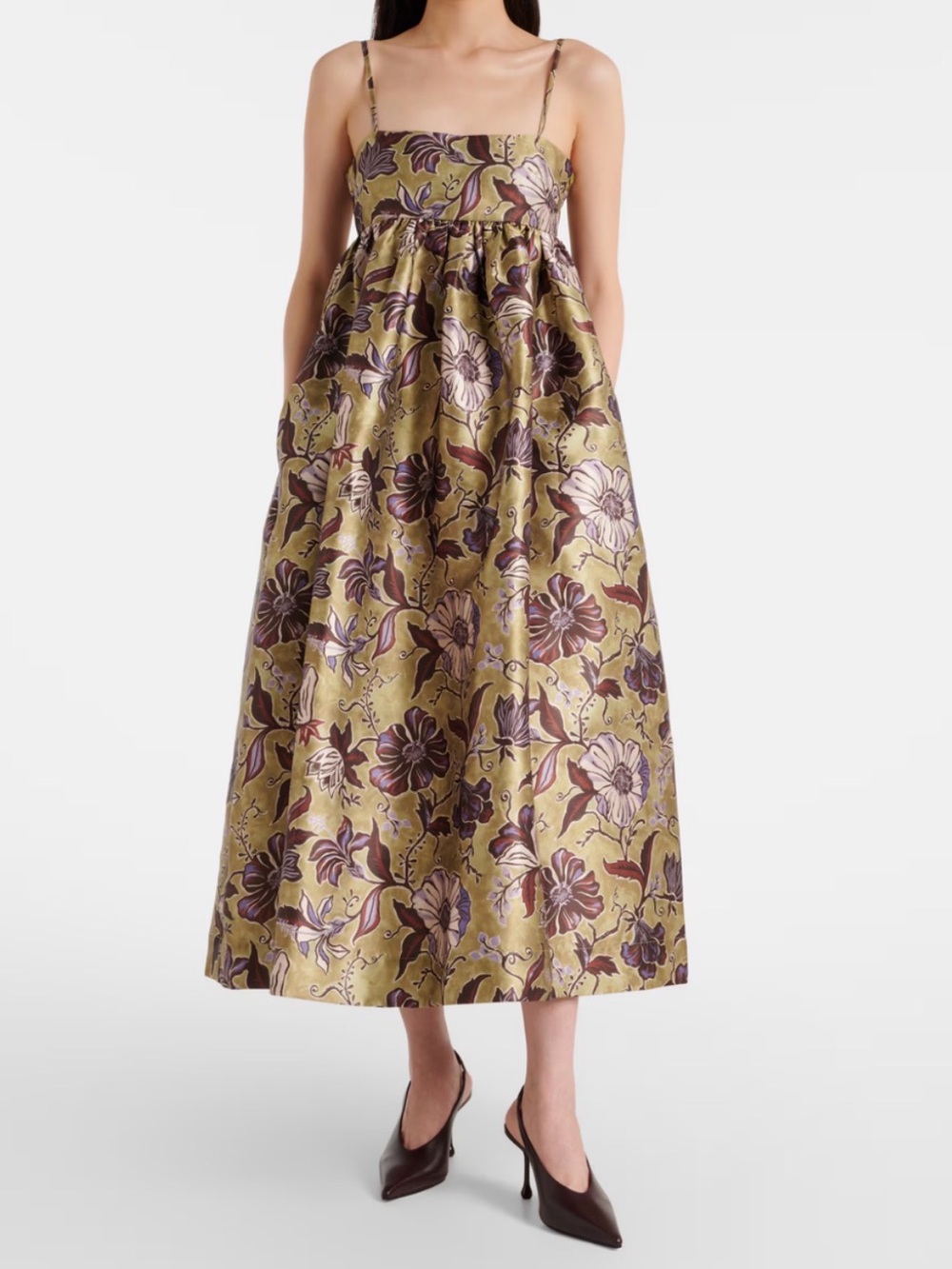 Alemais Sage Green Floral Jacquard Babydoll Midi Wedding Guest Dress Size 6